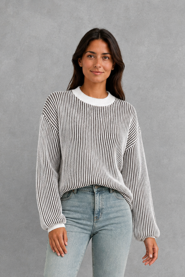 Women’s Striped Knit Jumper – Relaxed Drop Shoulder Crew Neck Sweater