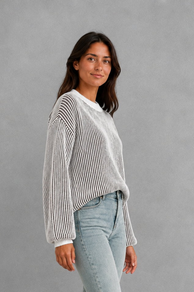 Women’s Striped Knit Jumper – Relaxed Drop Shoulder Crew Neck Sweater