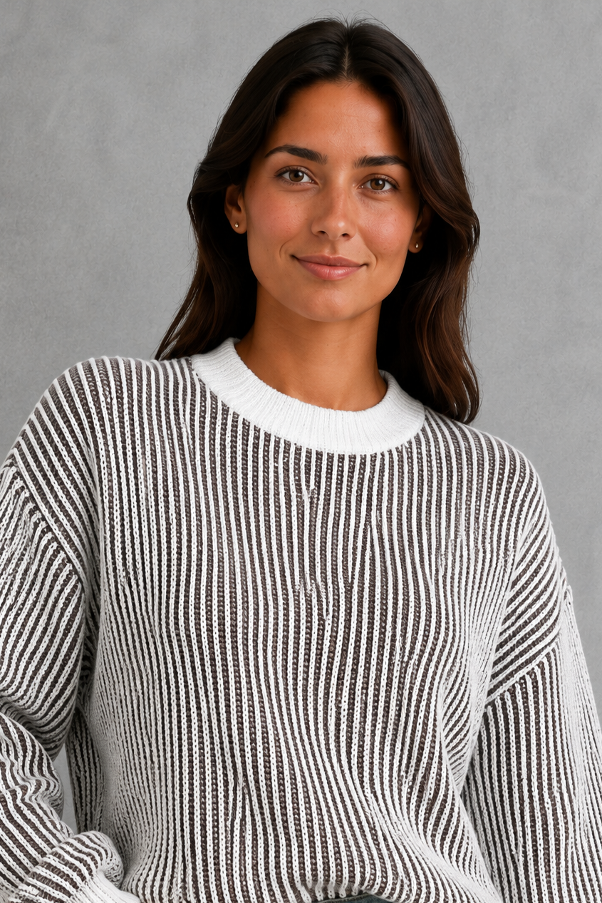 Women’s Striped Knit Jumper – Relaxed Drop Shoulder Crew Neck Sweater