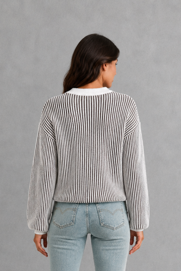 Women’s Striped Knit Jumper – Relaxed Drop Shoulder Crew Neck Sweater