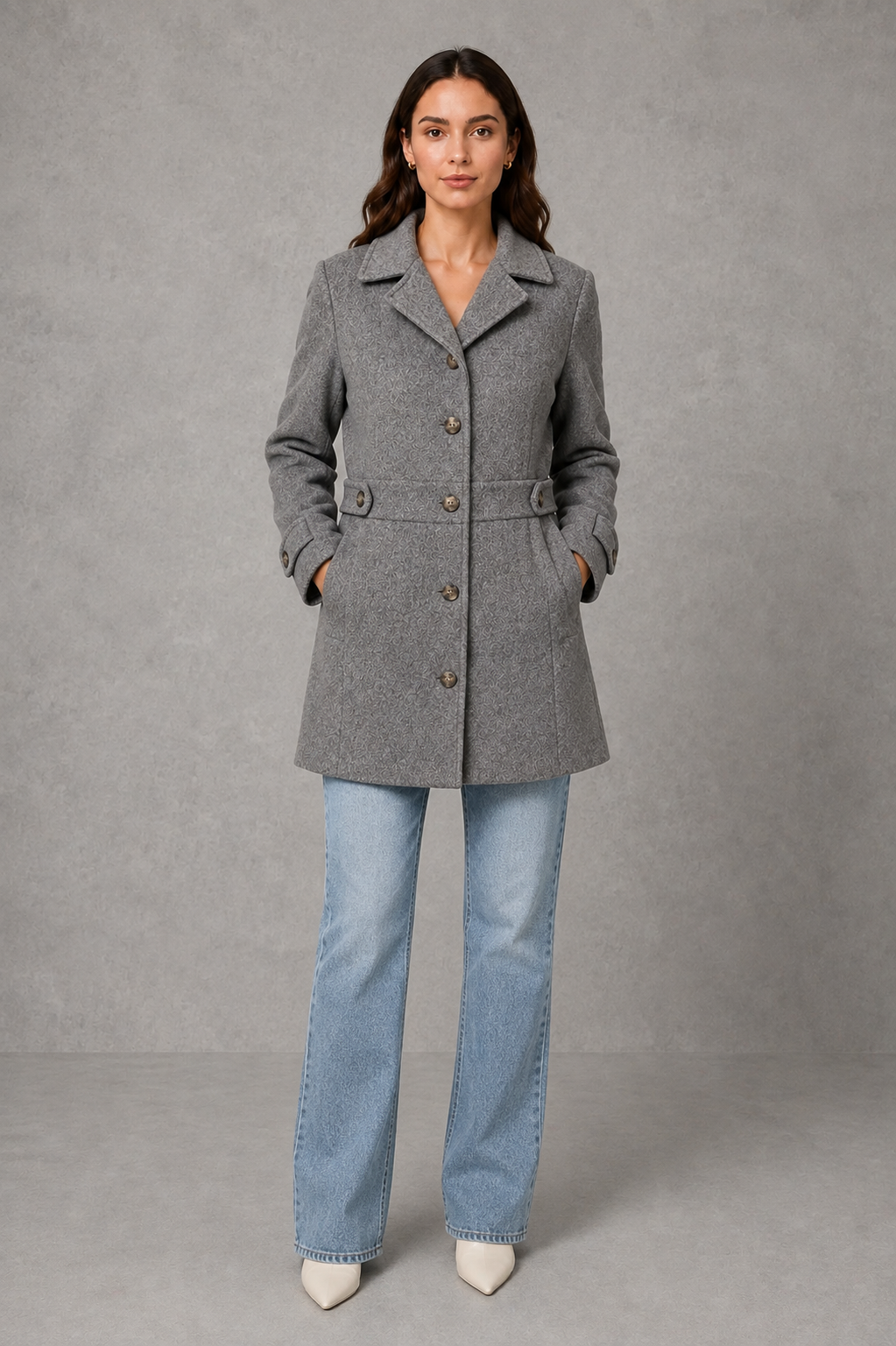Women’s Tailored Longline Coat – Button Front Collared Smart Jacket