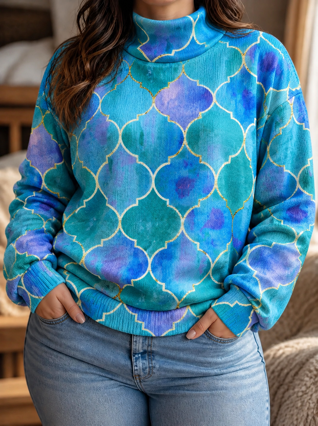 Women's Turquoise Geometric Print Turtleneck Sweater - Elena Harper