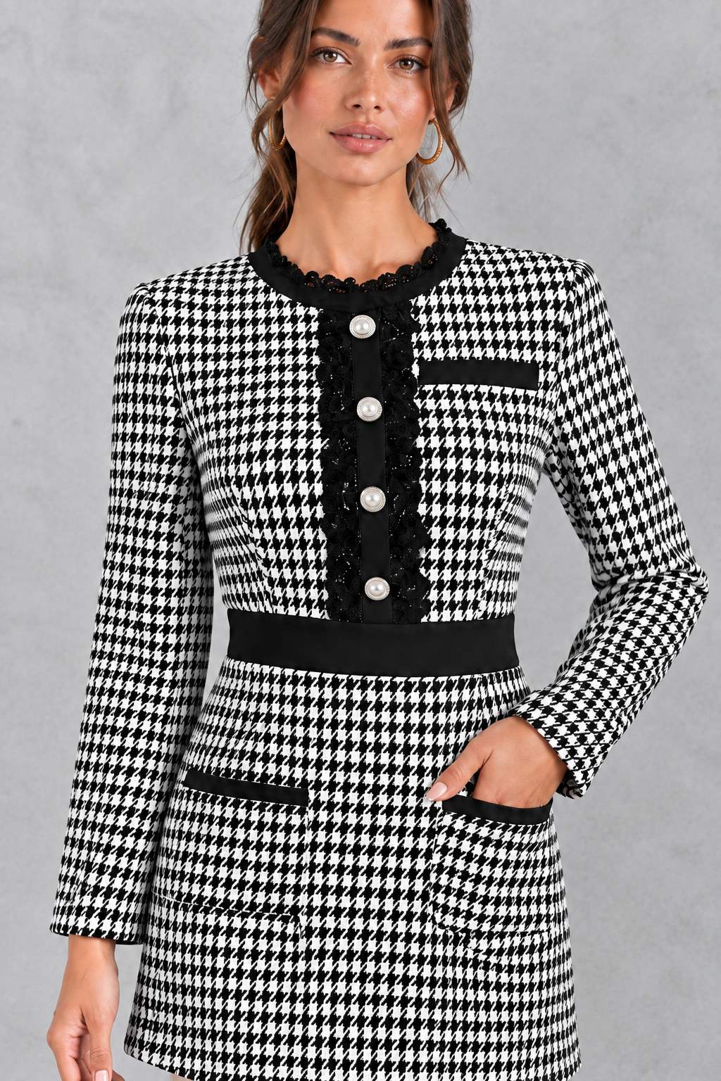 Women’s Tweed Lace Trim Bodycon Mini Dress
