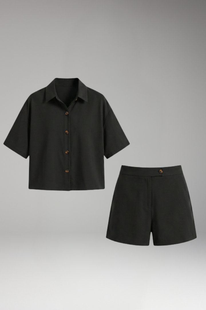 Women's Two Piece Set with Button Shirt and Waist Shorts