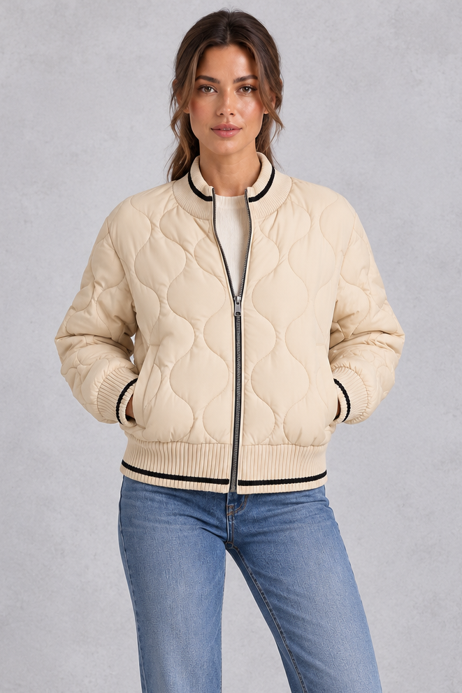 Women’s Quilted Bomber Jacket – Wave Stitch & Ribbed Trims