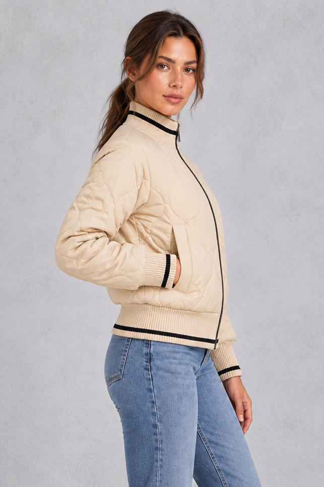 Women’s Quilted Bomber Jacket – Wave Stitch & Ribbed Trims
