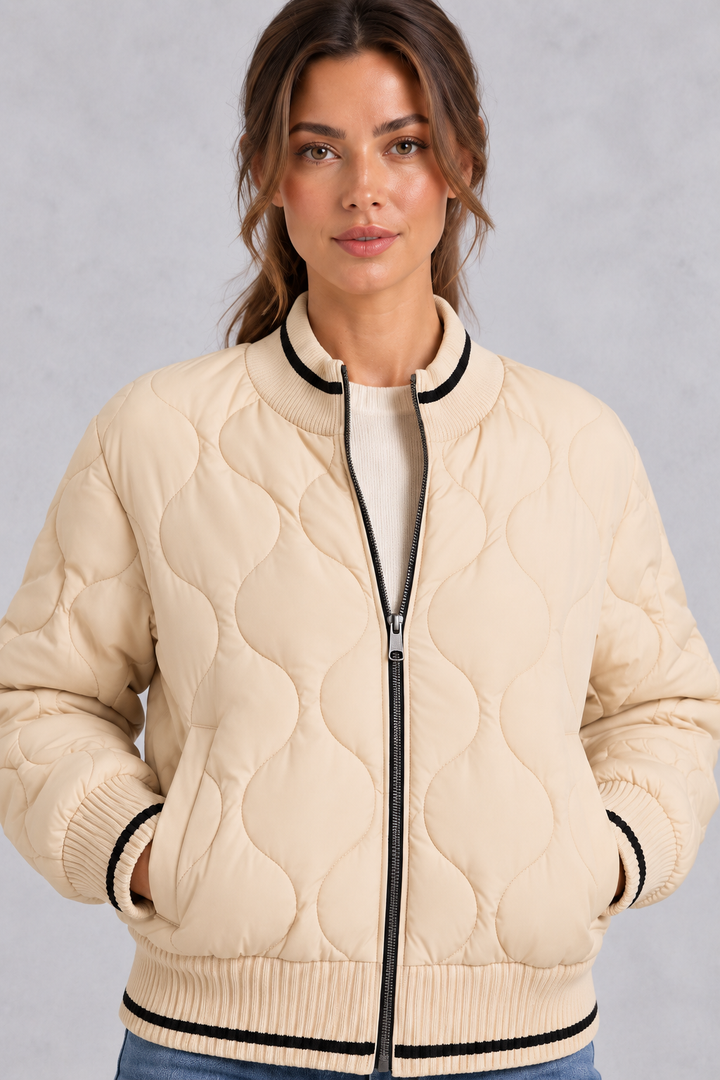 Women’s Quilted Bomber Jacket – Wave Stitch & Ribbed Trims