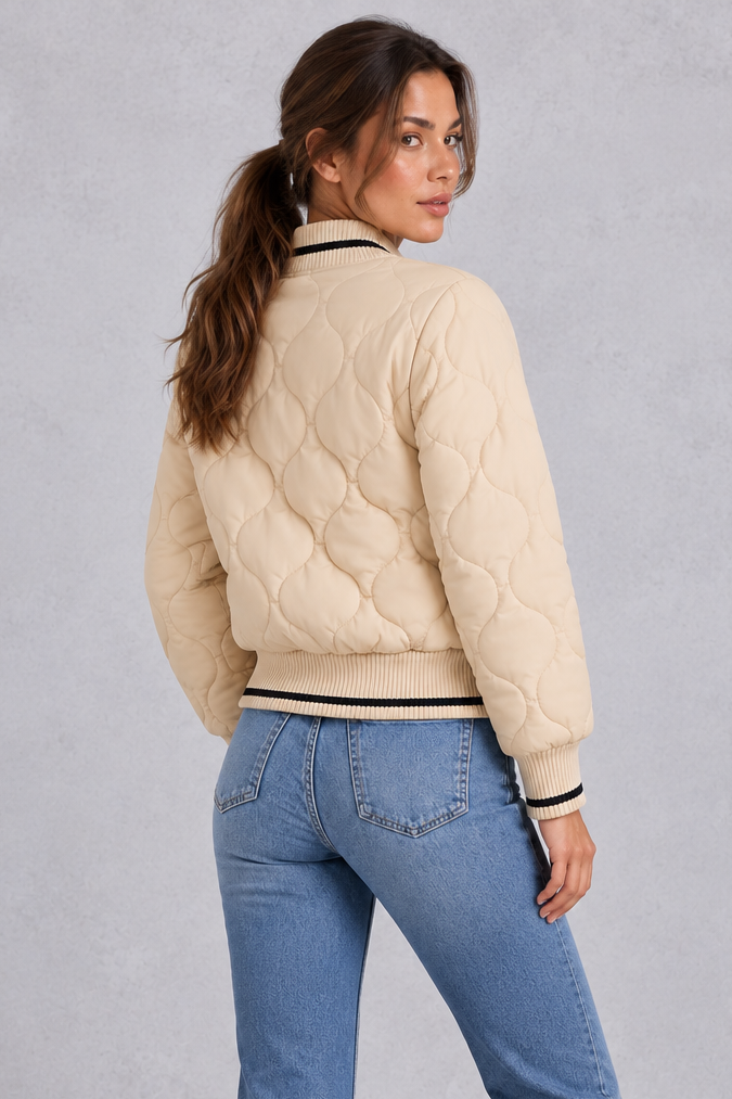 Women’s Quilted Bomber Jacket – Wave Stitch & Ribbed Trims