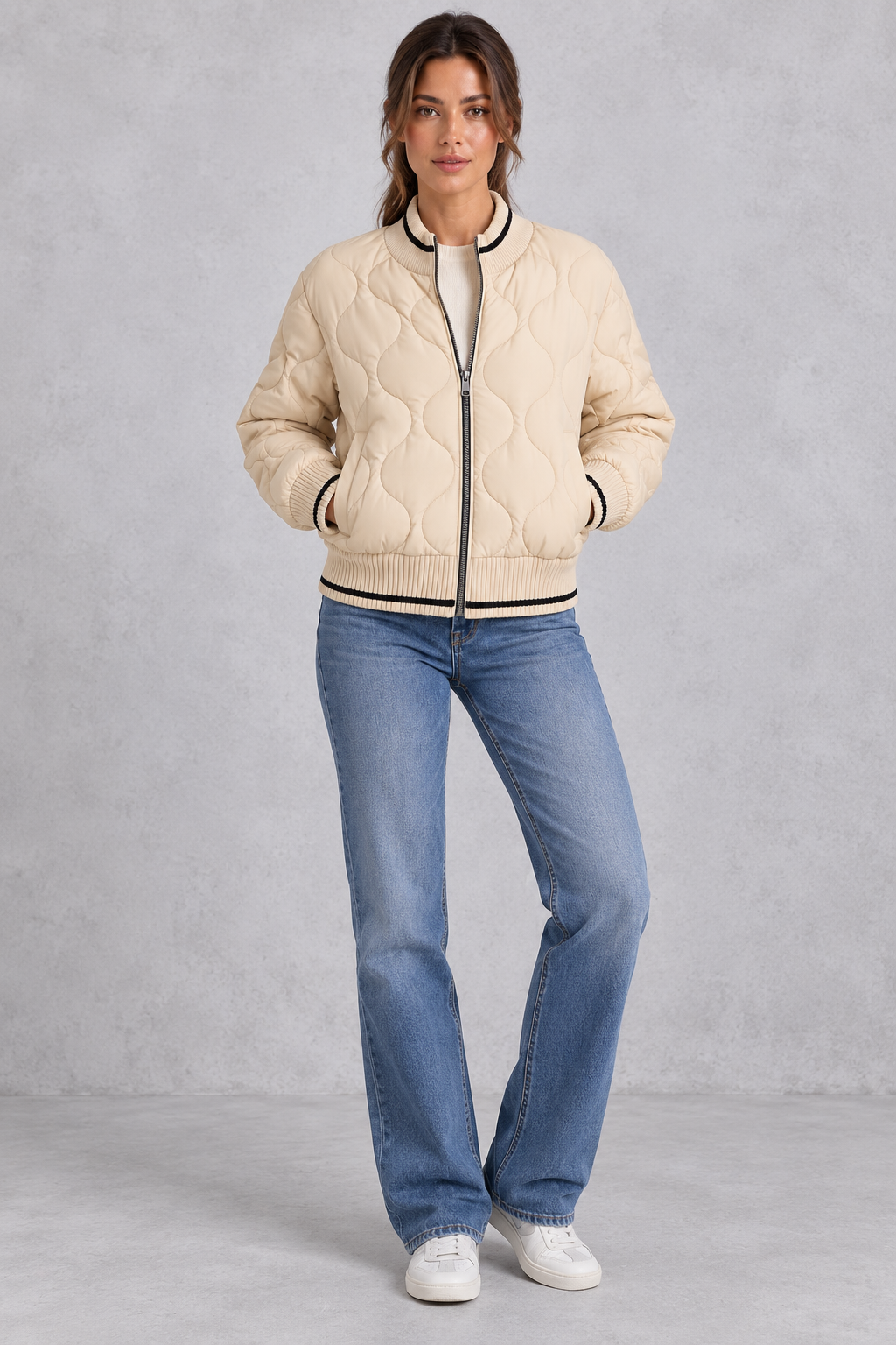 Women’s Quilted Bomber Jacket – Wave Stitch & Ribbed Trims