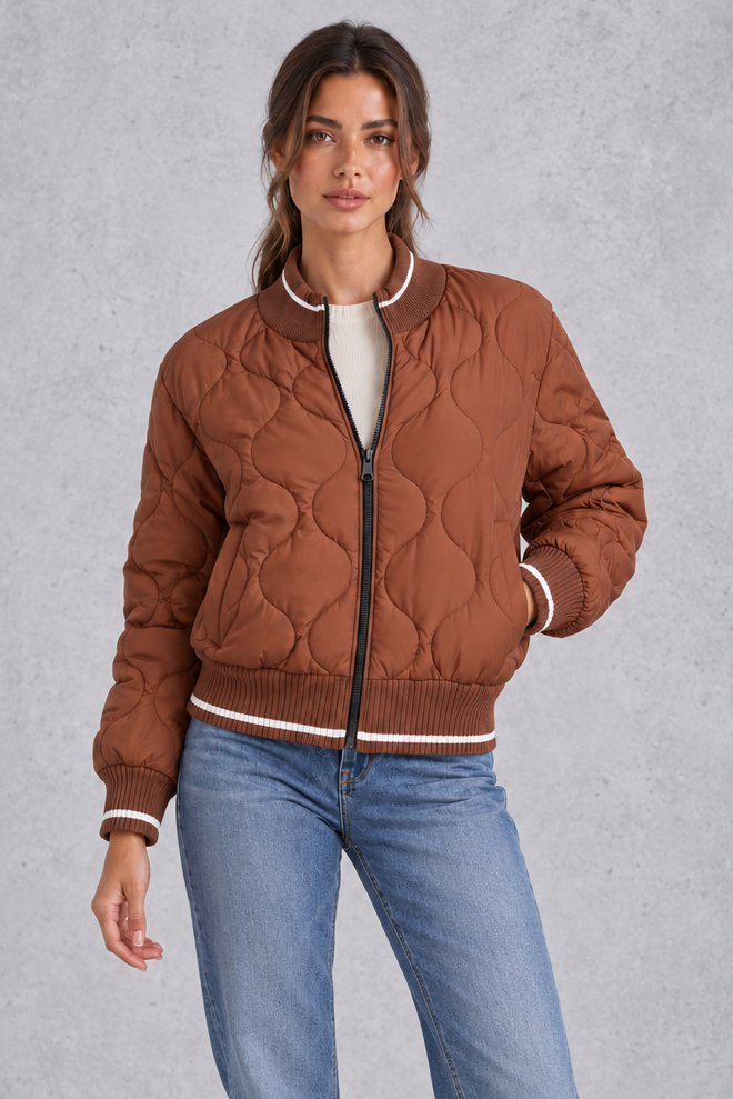 Women’s Quilted Bomber Jacket – Wave Stitch & Ribbed Trims