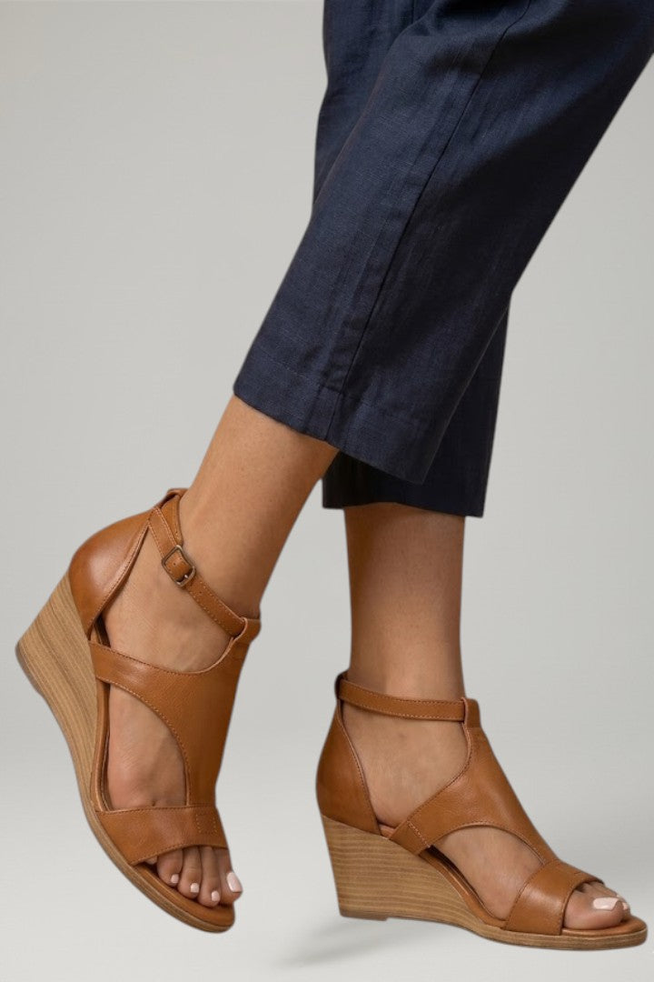 Women's Wedge Sandals with T Strap and Cushioned Footbed