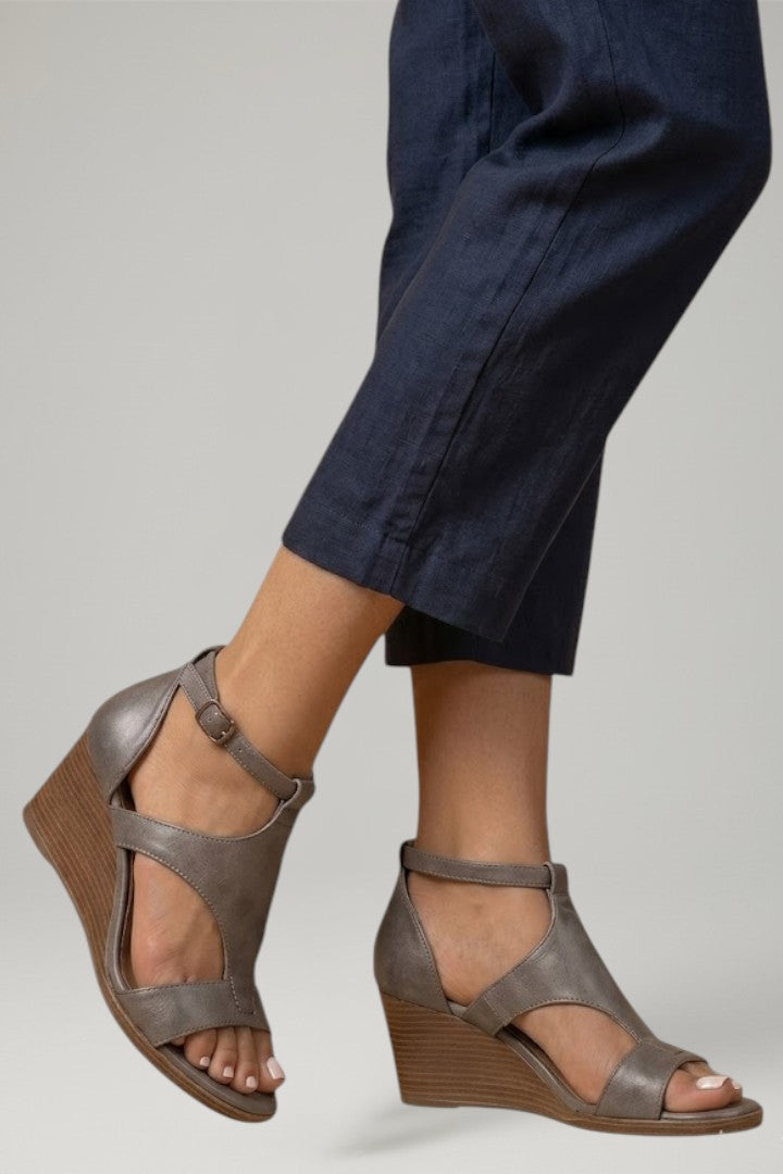 Women's Wedge Sandals with T Strap and Cushioned Footbed