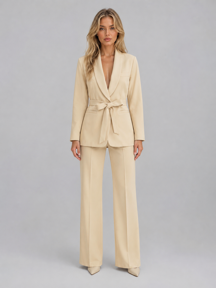 Montarello Women's Suit Set, Belted Blazer and Wide-Leg Pants