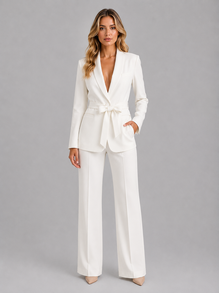Montarello Women's Suit Set, Belted Blazer and Wide-Leg Pants