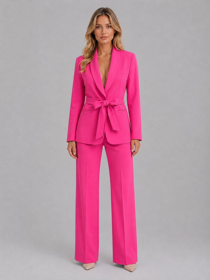 Montarello Women's Suit Set, Belted Blazer and Wide-Leg Pants
