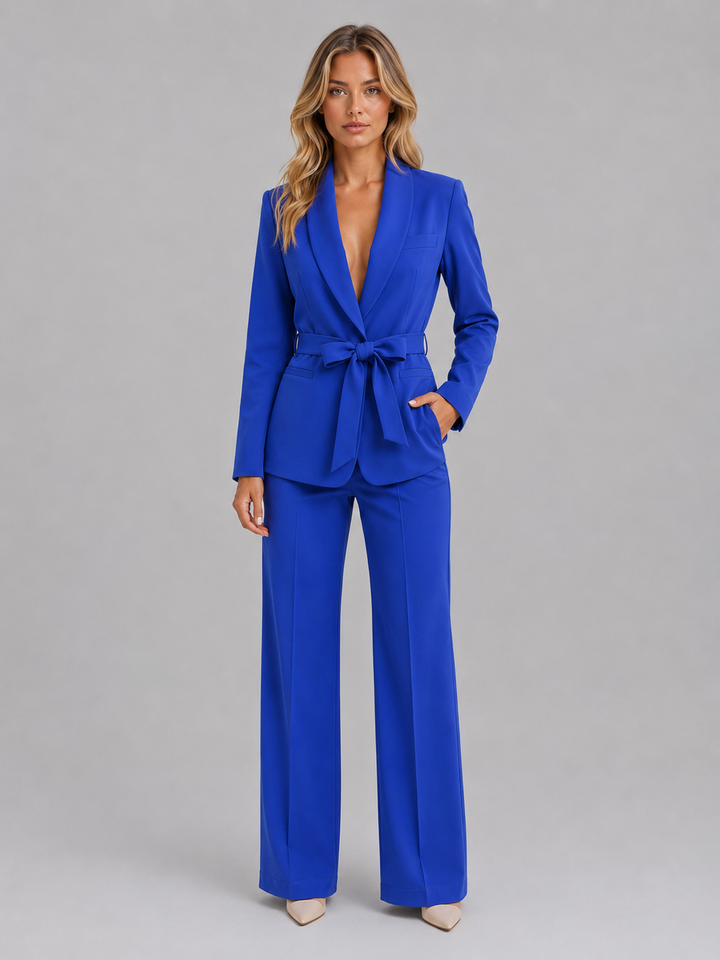 Montarello Women's Suit Set, Belted Blazer and Wide-Leg Pants