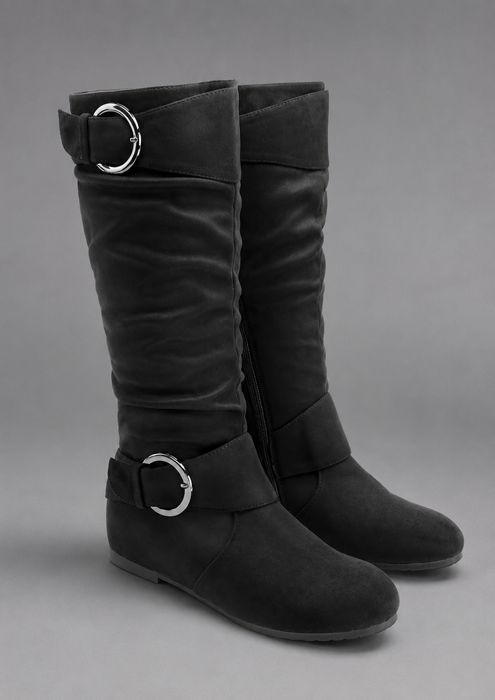Women’s Black Buckle Accent Slouch Boots – Casual Mid-Calf Everyday Shoes