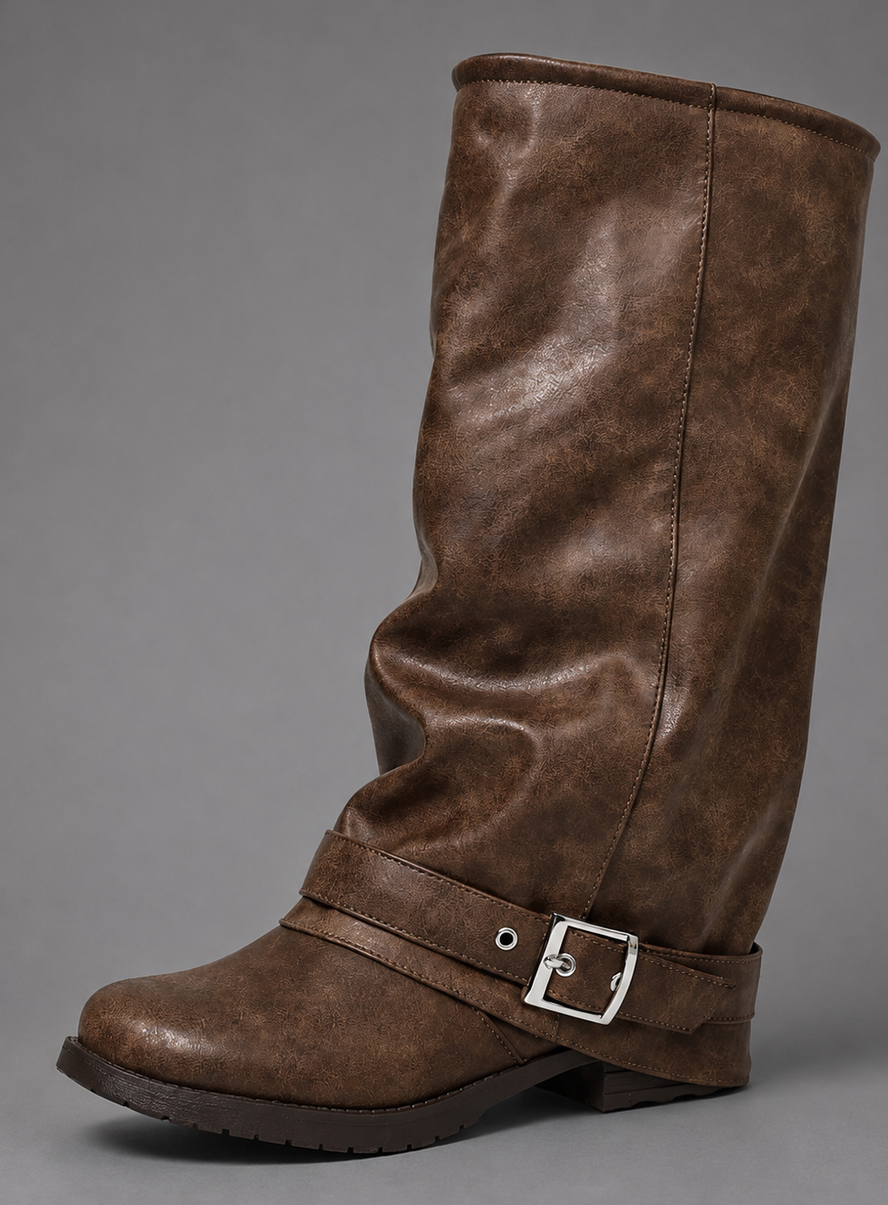 Ladies Slouchy Knee-High Boots with Buckle and Lug Sole