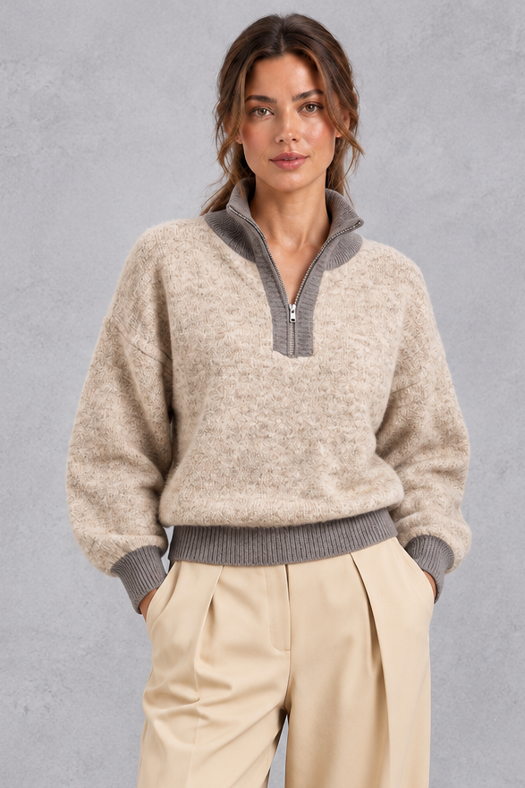 Women's Half-Zip Knitted Jumper with Contrast Collar – Textured Autumn & Winter Pullover