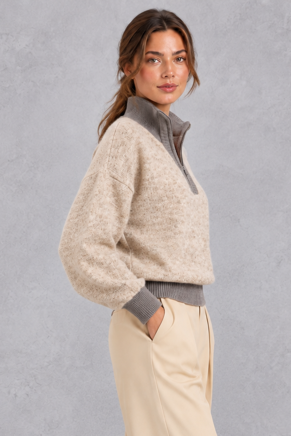 Women's Half-Zip Knitted Jumper with Contrast Collar – Textured Autumn & Winter Pullover