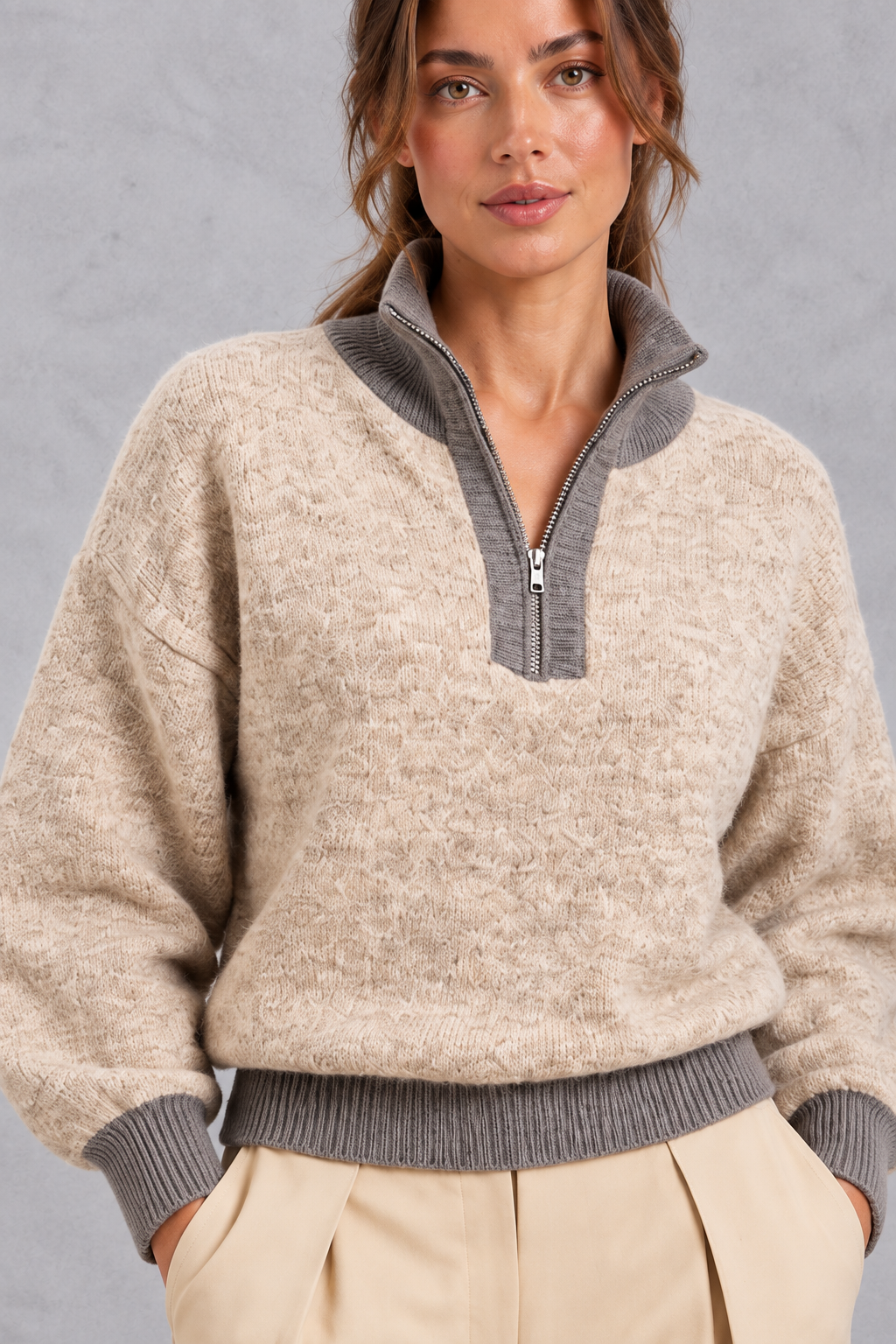 Women's Half-Zip Knitted Jumper with Contrast Collar – Textured Autumn & Winter Pullover