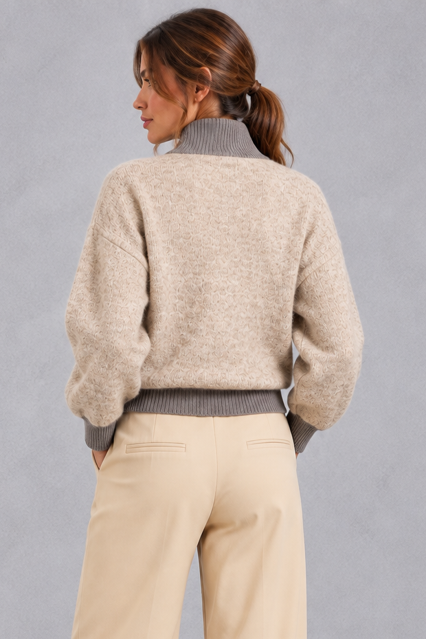 Women's Half-Zip Knitted Jumper with Contrast Collar – Textured Autumn & Winter Pullover