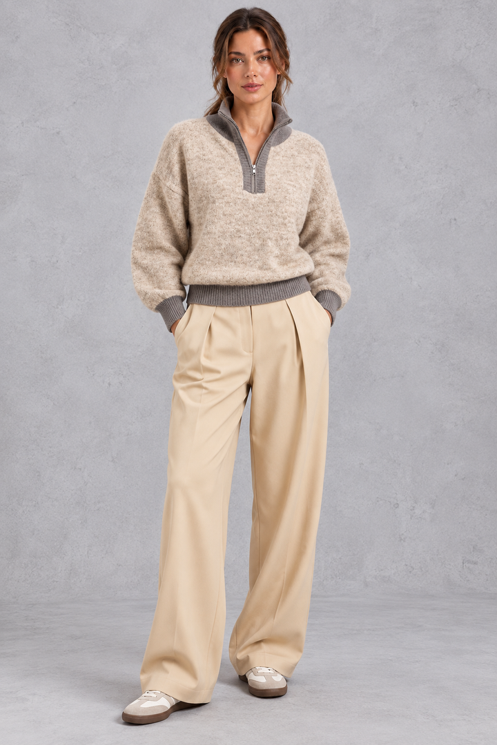 Women's Half-Zip Knitted Jumper with Contrast Collar – Textured Autumn & Winter Pullover