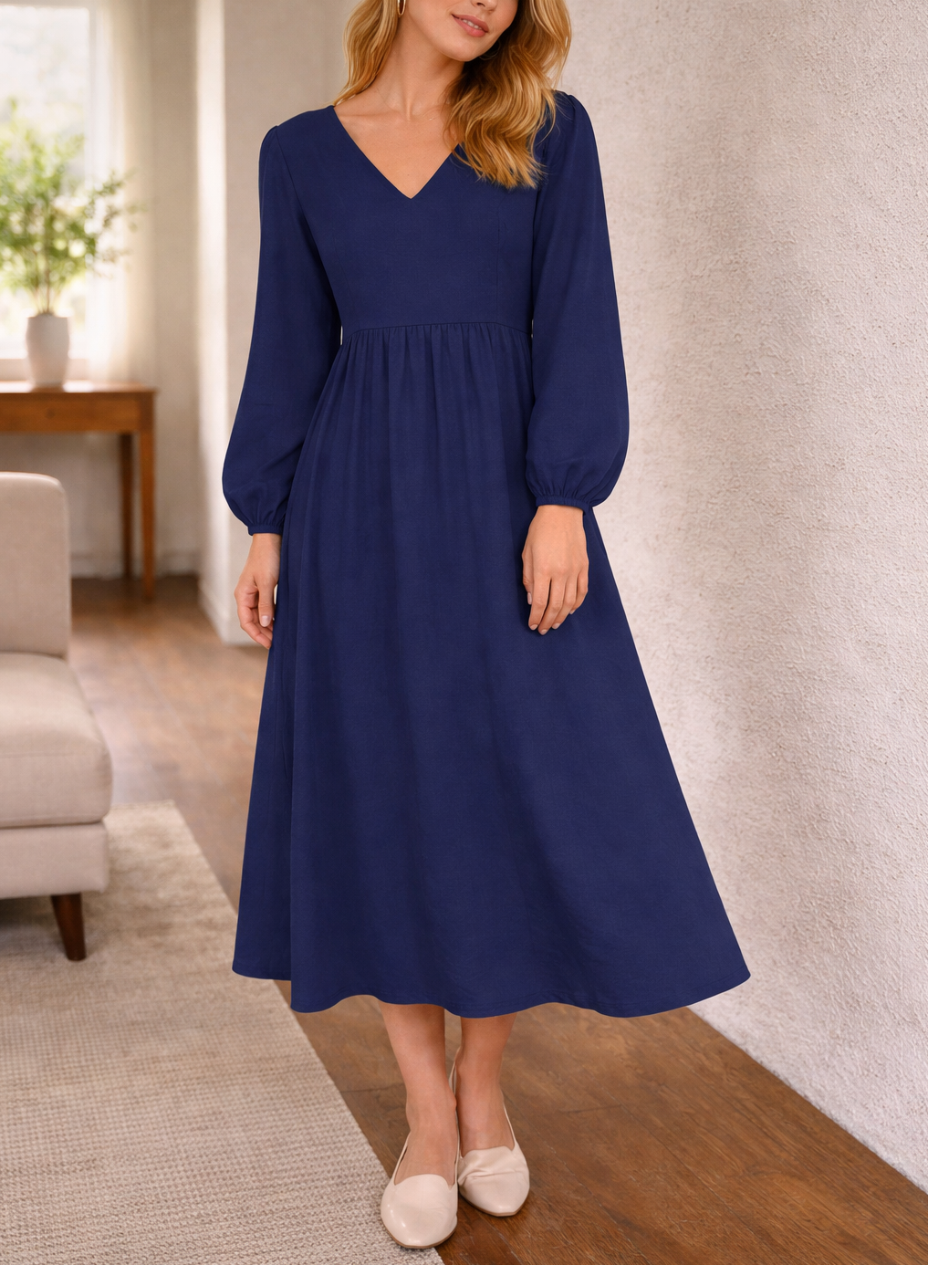 Women's Midi V-Neck Dress Chic, Elegant, and Casual Style for Everyday Wear, view 3 - Elena Harper