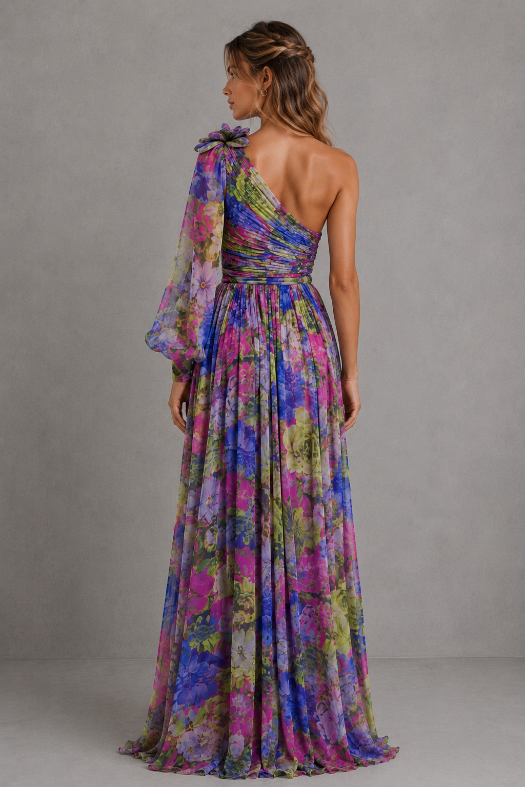 Women’s One Shoulder Floral Midi Dress Flowy Fit Wedding Style, view 3 - Elena Harper