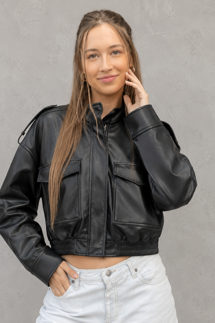 Women’s Pocket Leather Bomber Jacket Lightweight Cropped Casual Jacket, view 4 - Elena Harper