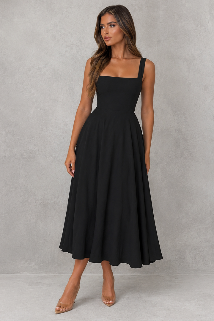 Women's Square Neck Midi Dress - Elegant Office Attire