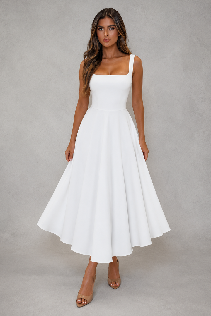 Women's Square Neck Midi Dress - Elegant Office Attire