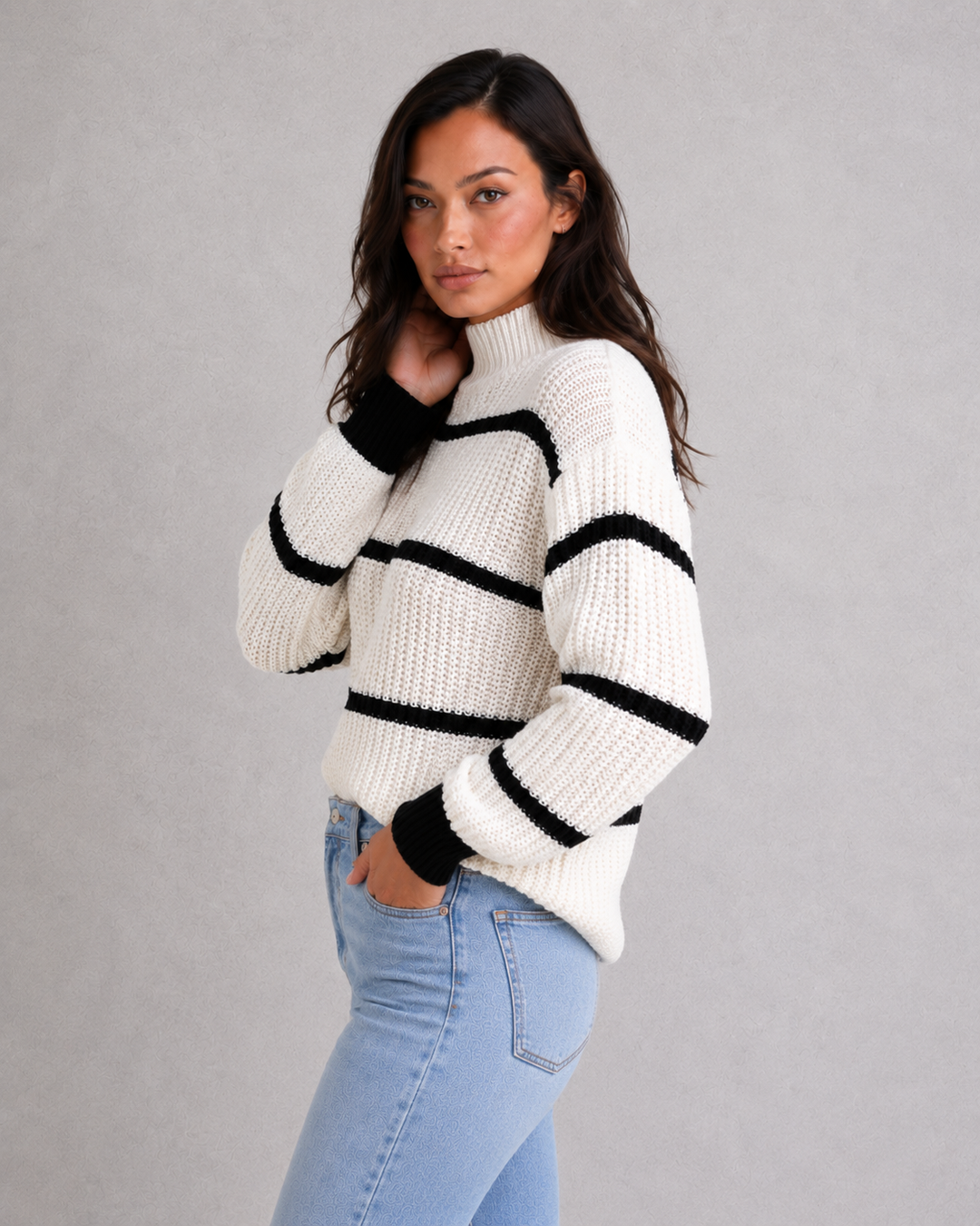Women’s Striped Mock Turtleneck Knit Jumper with Lantern Sleeves for Casual & Everyday Wear