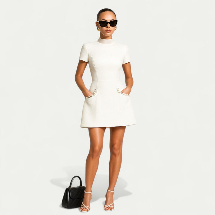 Women's Elegant Mini Cocktail Dress with Pearl Trim