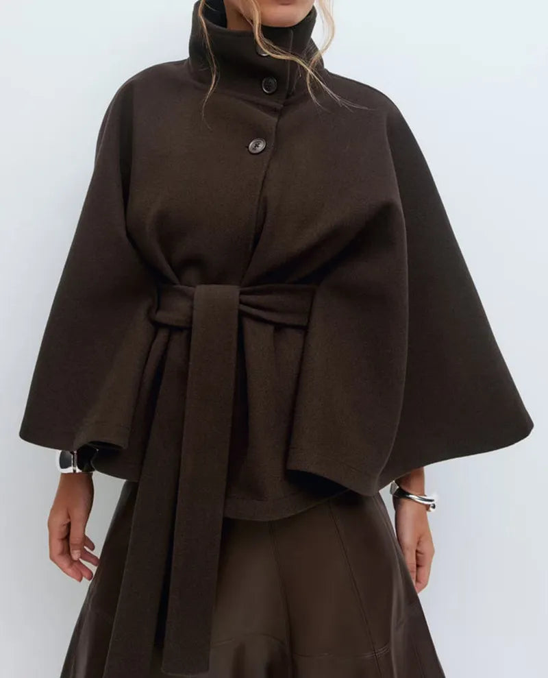 Felicia | Women's Spring Cape Coat with Belt and Stand-Up Collar