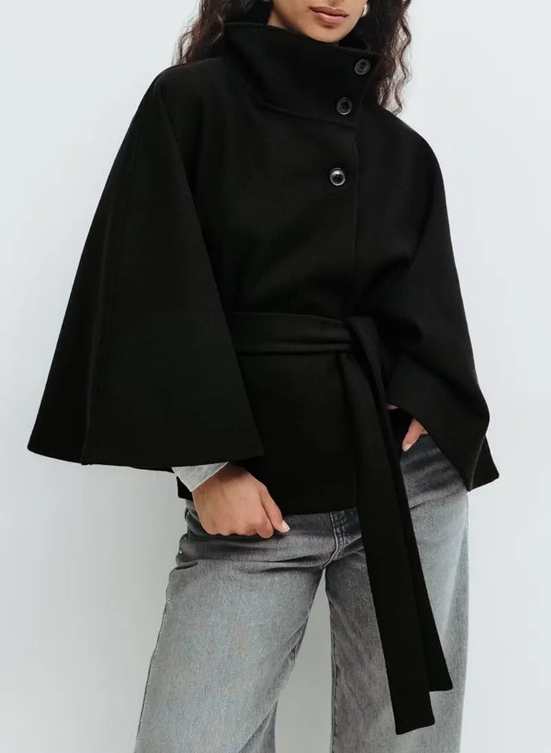 Felicia | Women's Spring Cape Coat with Belt and Stand-Up Collar