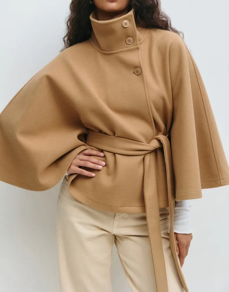 Felicia | Women's Spring Cape Coat with Belt and Stand-Up Collar