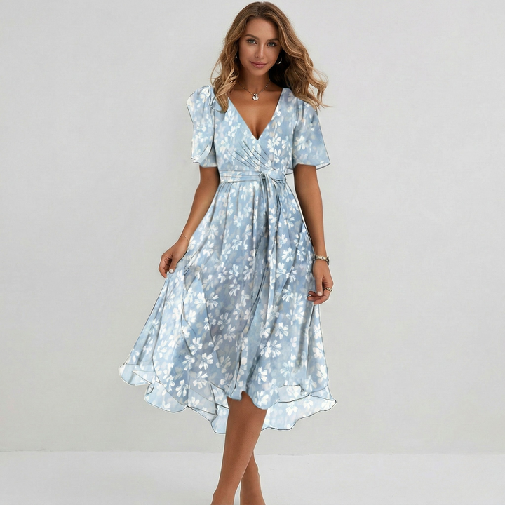 Women's Floral Wrap Midi Dress - Short Sleeve A-Line