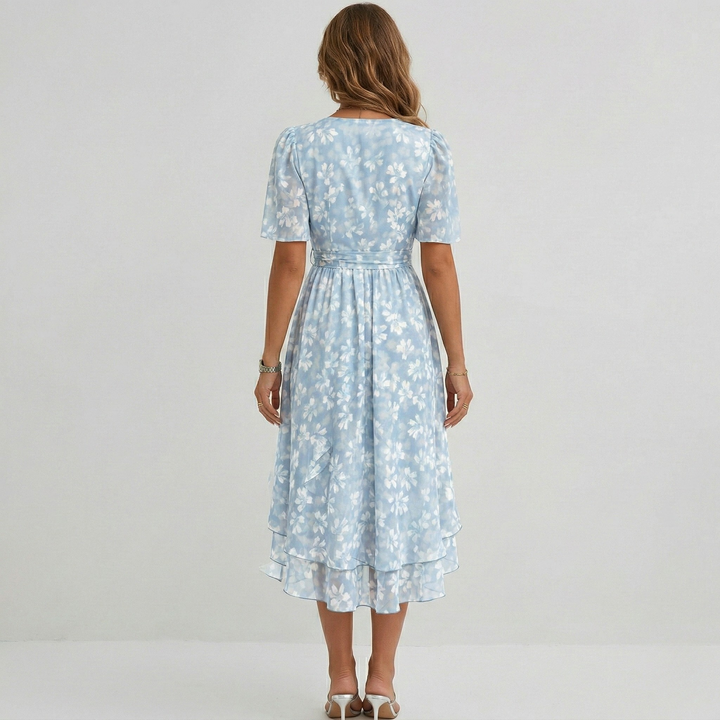 Women's Floral Wrap Midi Dress - Short Sleeve A-Line