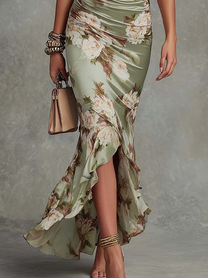 Anna - Asymmetrical Long Satin Dress in Green with V-Neck, Ruffled Bell Sleeves, and Floral Pattern