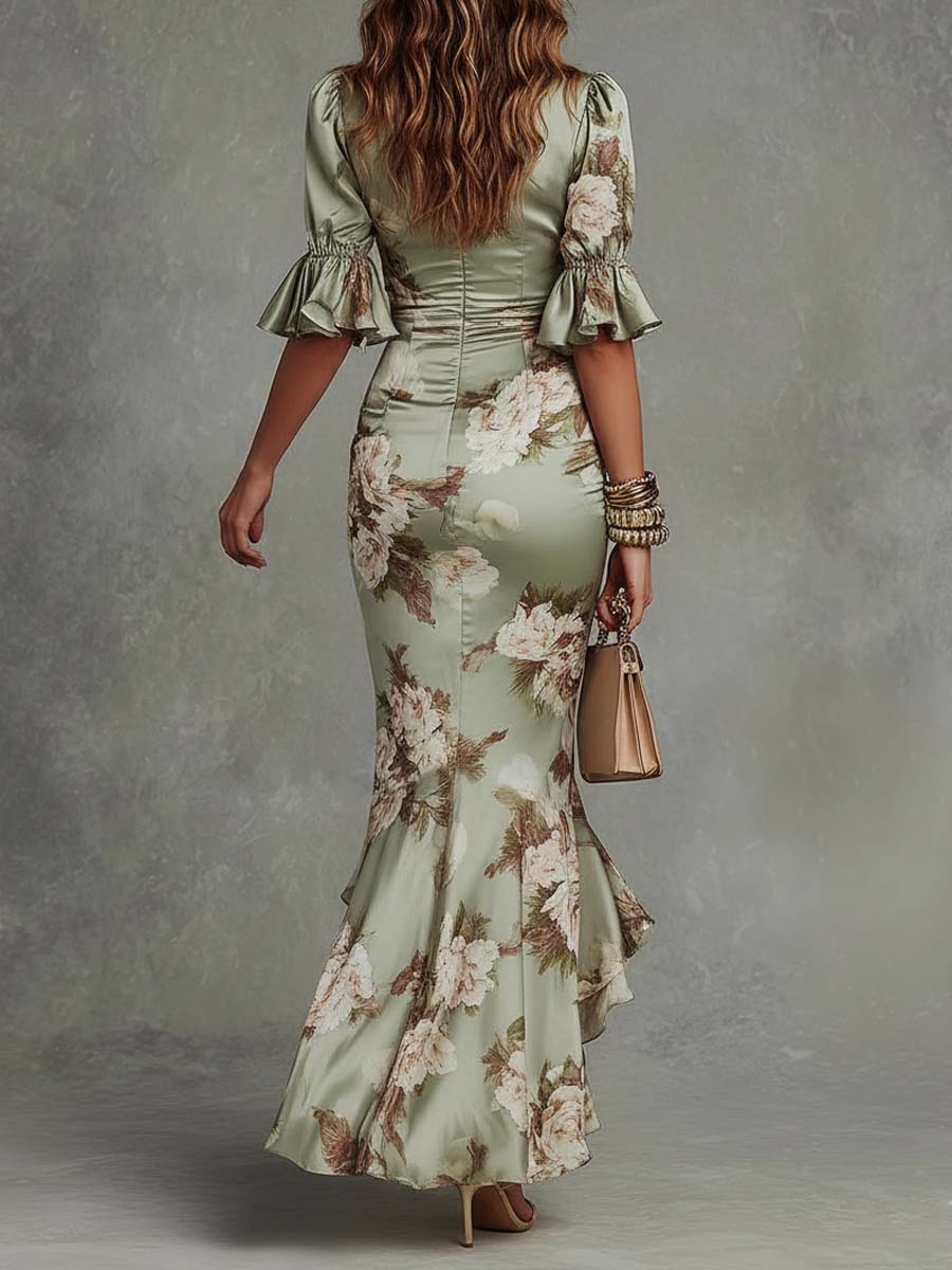 Long Satin Floral Print Dress for Women with V-Neck, view 5 - Elena Harper
