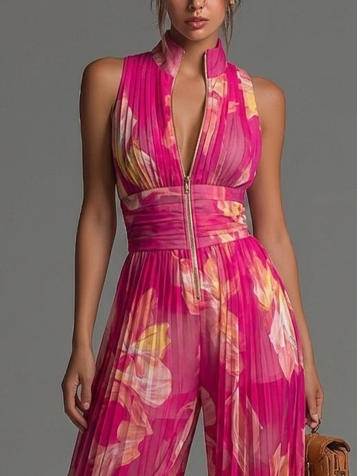 Zsófia Jumpsuit Fuchsia Floral Pleated Chiffon - Elena Harper