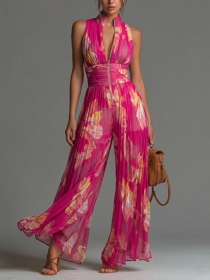 Zsófia Jumpsuit Fuchsia Floral Pleated Chiffon - Elena Harper