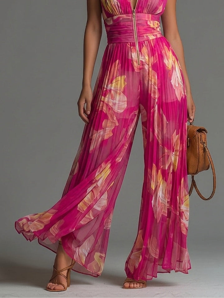 Zsófia Jumpsuit Fuchsia Floral Pleated Chiffon - Elena Harper