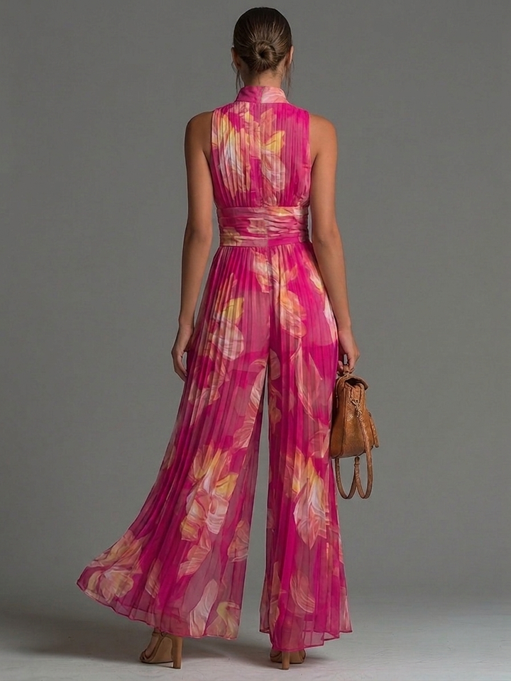 Zsófia Jumpsuit Fuchsia Floral Pleated Chiffon - Elena Harper
