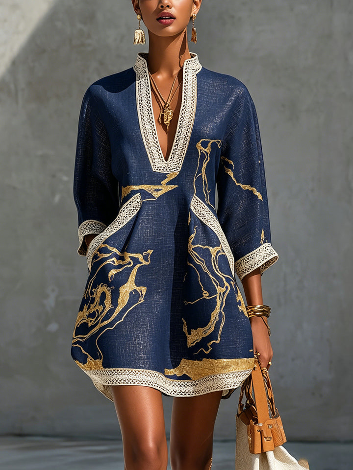 Renata - Short lace dress with gold print and deep V-neck