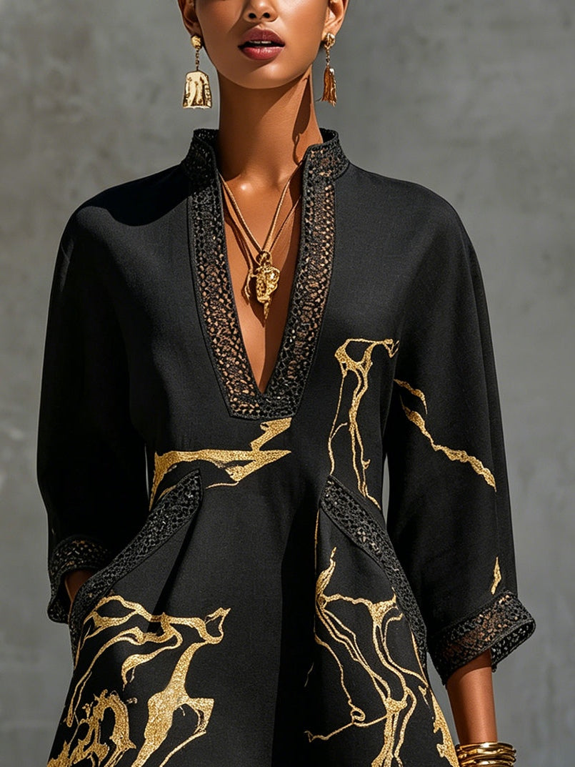 Donatella - Mini black dress with golden marble print and crochet lace