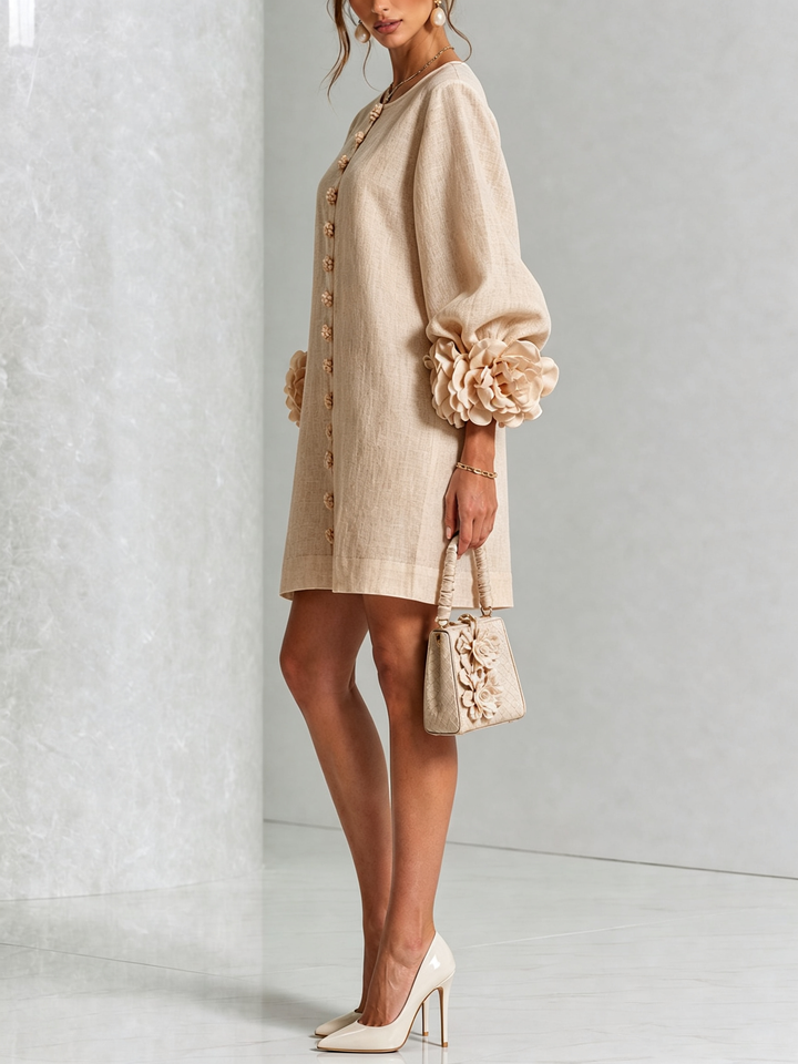 White Mini Dress with Floral Buttons and Extravagant Floral Sleeves