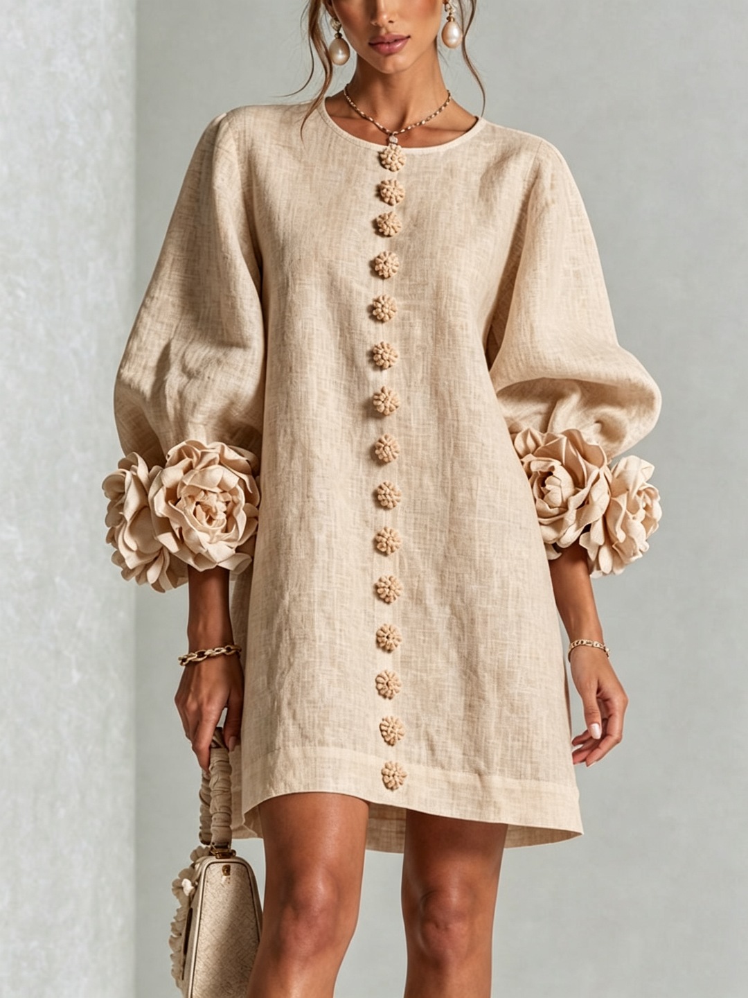 White Mini Dress with Floral Buttons and Extravagant Floral Sleeves