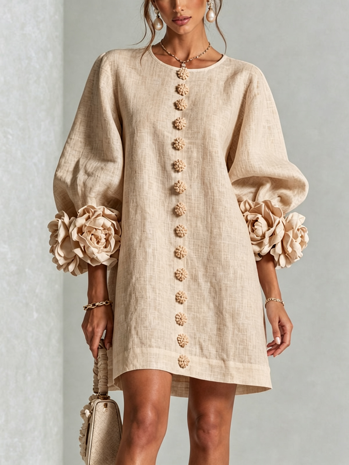 White Mini Dress with Floral Buttons and Dramatic Floral Sleeves